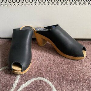 Sven Black Leather Mules with Wooden Heel